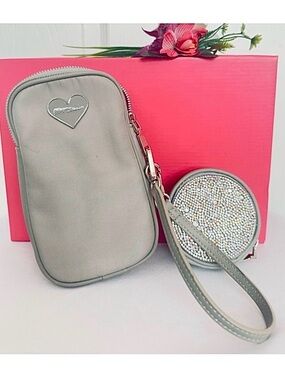#70 BETSEY JOHNSON ~ Gray Wristlet/Crossbody w/Rhinestone Round Coin Pouch